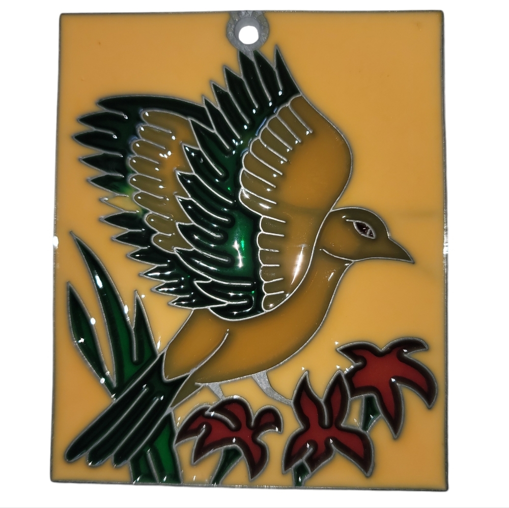 Vintage Handmade Stained Glass Hummingbird & Flowers Suncatcher Ornament Bird